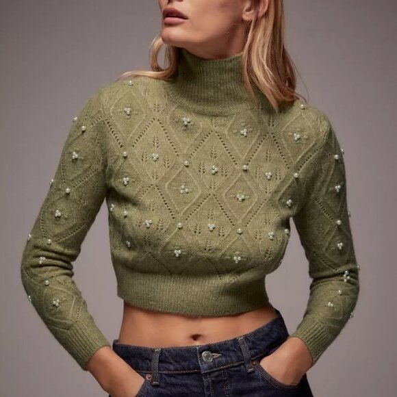 Zara Green Open Back Knit Sweater w/ Pearl Small Holiday Elegant Fun - Picture 3 of 14